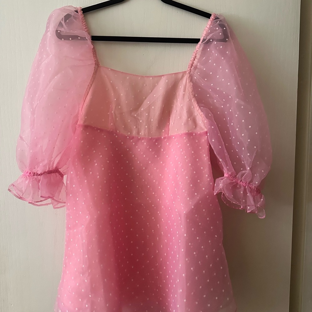 Selkie Pink Polka Dot Sheer Puff Sleeve Mini Dress NWT - Picture 2 of 4